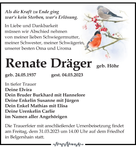 Traueranzeige von Renate Dräger von Leipziger Volkszeitung