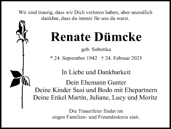 Traueranzeige von Renate Dümcke von Ostsee-Zeitung GmbH