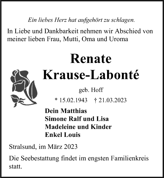 Traueranzeige von Renate Krause-Labonte von Ostsee-Zeitung GmbH