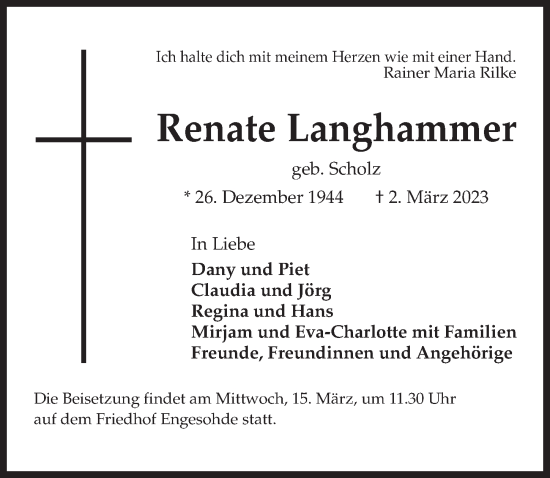 Traueranzeige von Renate Langhammer von Hannoversche Allgemeine Zeitung/Neue Presse
