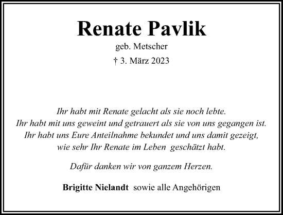 Traueranzeige von Renate Pavlik von Lübecker Nachrichten