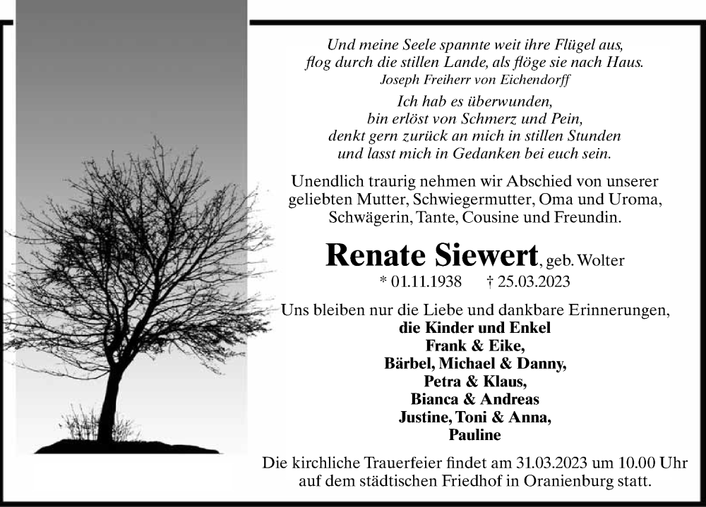  Traueranzeige für Renate Siewert vom 29.03.2023 aus Märkischen Allgemeine Zeitung