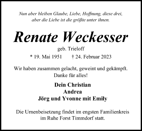 Traueranzeige von Renate Weckesser von Kieler Nachrichten
