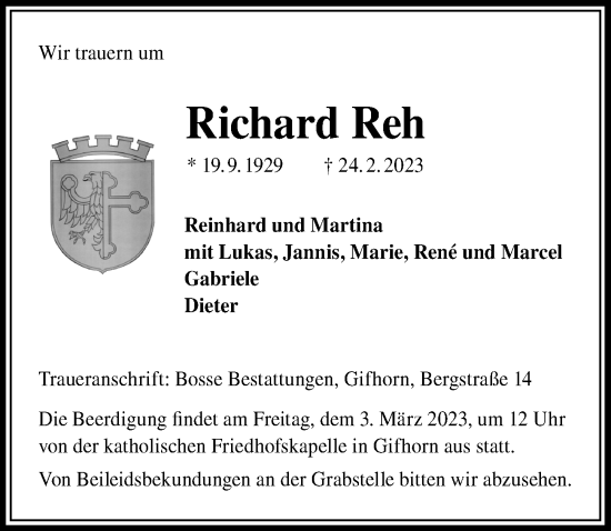 Traueranzeige von Richard Reh von Aller Zeitung