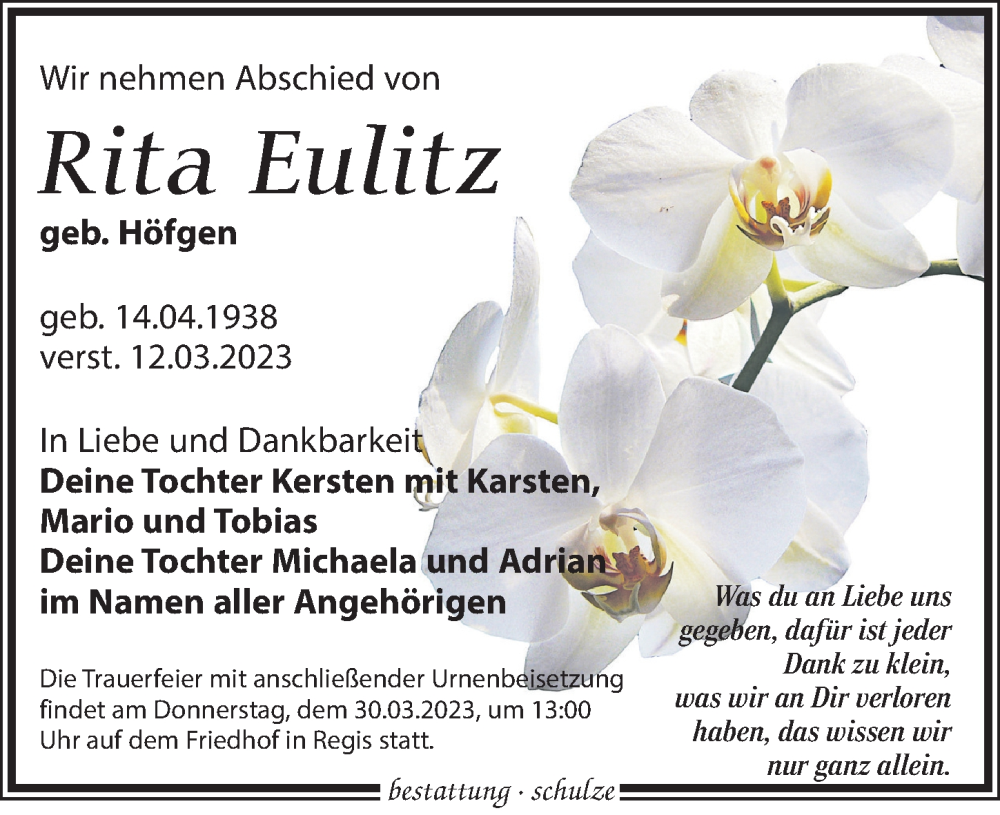  Traueranzeige für Rita Eulitz vom 18.03.2023 aus Leipziger Volkszeitung