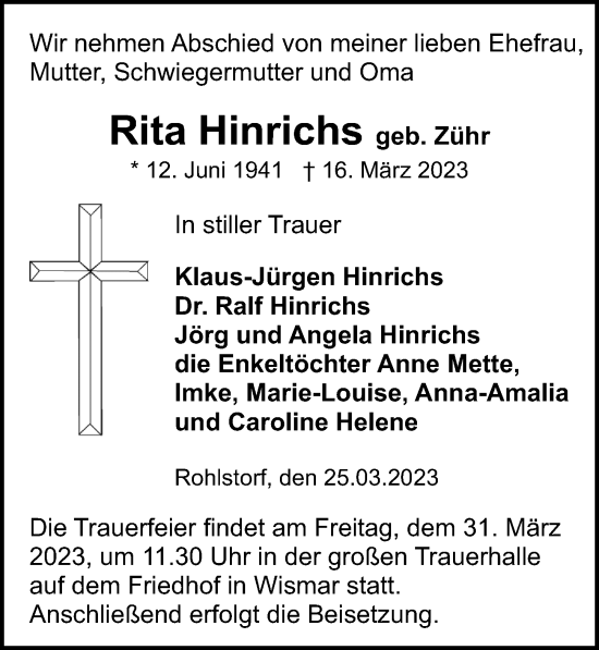 Traueranzeige von Rita Hinrichs von Ostsee-Zeitung GmbH