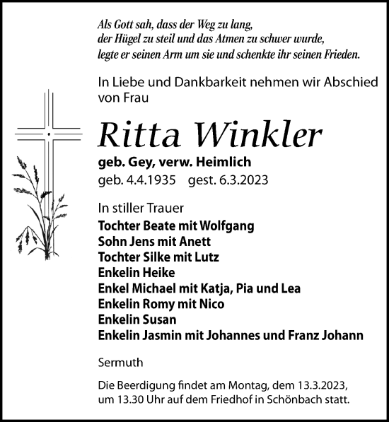 Traueranzeige von Ritta Winkler von Leipziger Volkszeitung