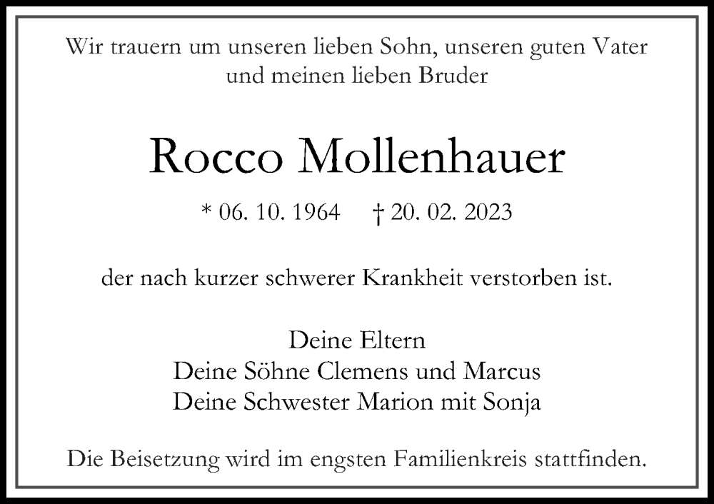  Traueranzeige für Rocco Mollenhauer vom 04.03.2023 aus Märkischen Allgemeine Zeitung