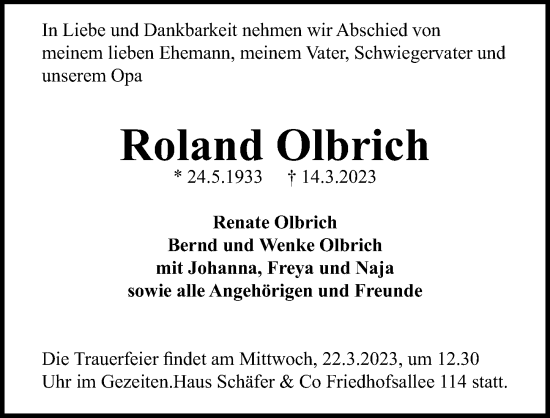 Traueranzeige von Roland Olbrich von Lübecker Nachrichten
