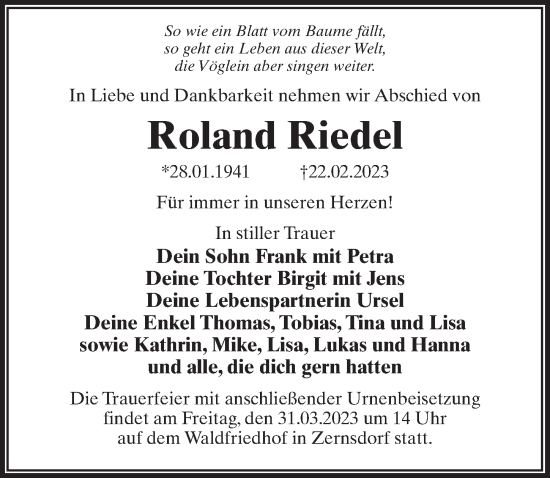 Traueranzeige von Roland Riedel von Märkischen Allgemeine Zeitung