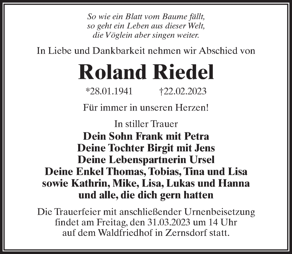  Traueranzeige für Roland Riedel vom 18.03.2023 aus Märkischen Allgemeine Zeitung