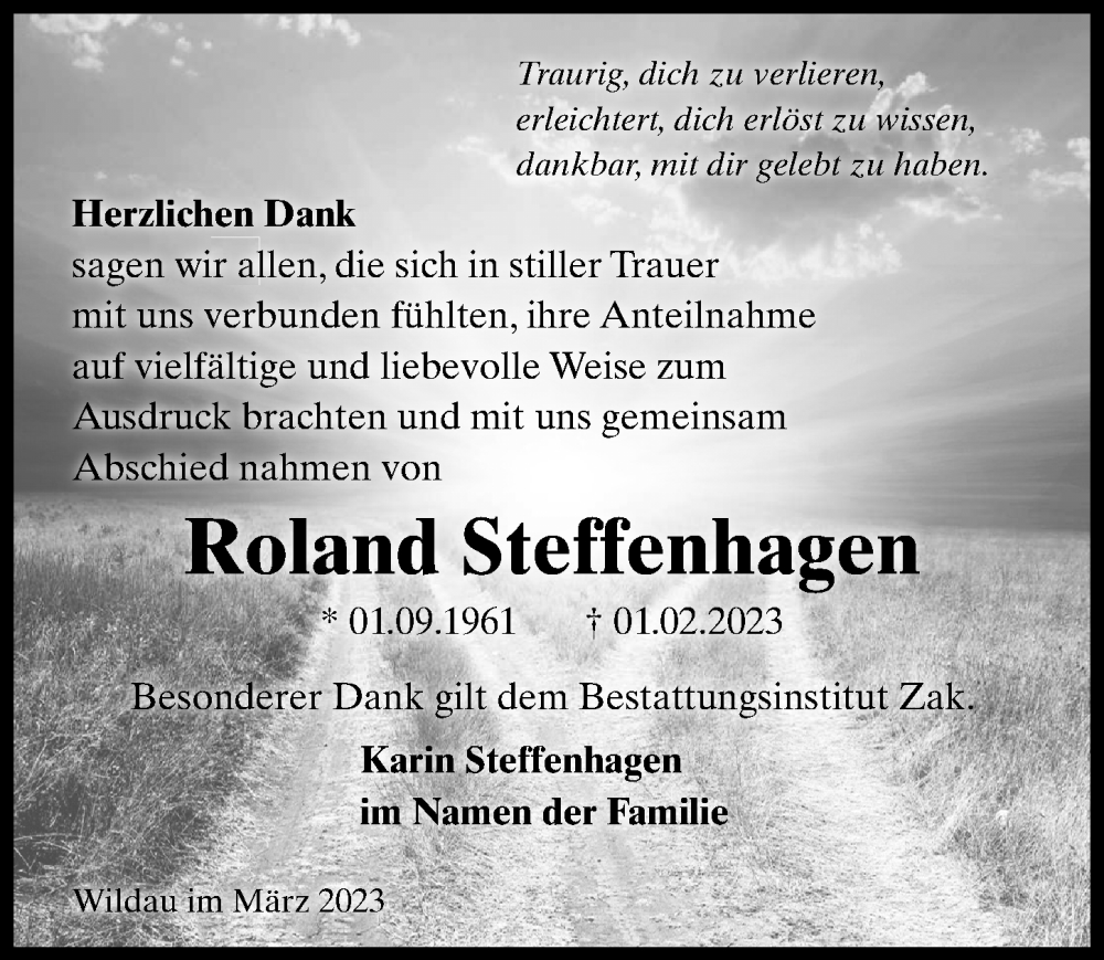  Traueranzeige für Roland Steffenhagen vom 11.03.2023 aus Märkischen Allgemeine Zeitung