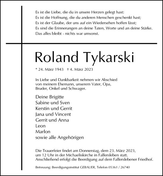 Traueranzeige von Roland Tykarski von Aller Zeitung
