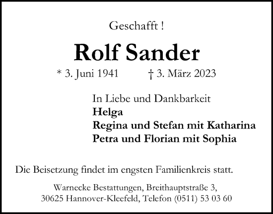 Traueranzeige von Rolf Sander von Hannoversche Allgemeine Zeitung/Neue Presse
