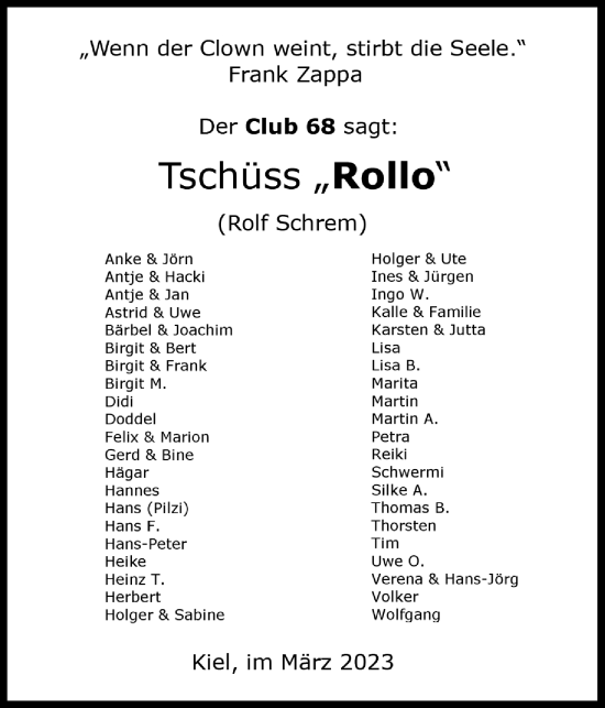 Traueranzeige von Rolf Schrem von Kieler Nachrichten