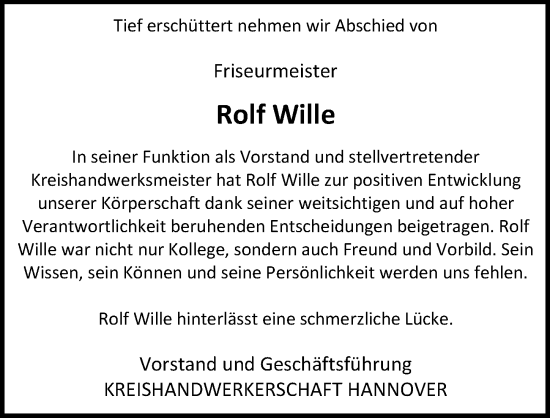 Traueranzeige von Rolf Wille von Hannoversche Allgemeine Zeitung/Neue Presse
