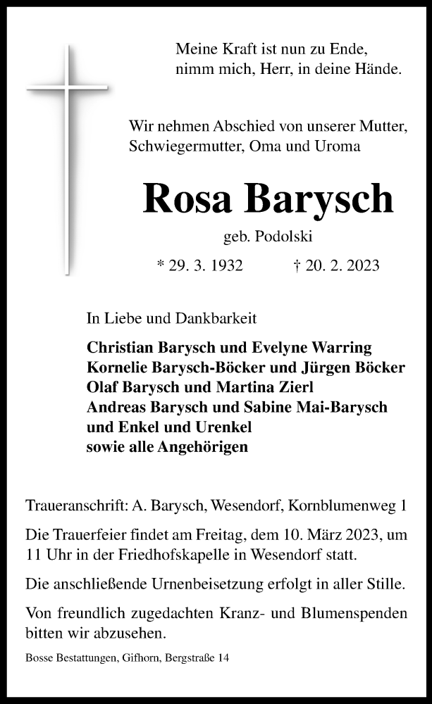  Traueranzeige für Rosa Barysch vom 04.03.2023 aus Aller Zeitung