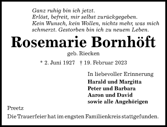 Traueranzeige von Rosemarie Bornhöft von Kieler Nachrichten