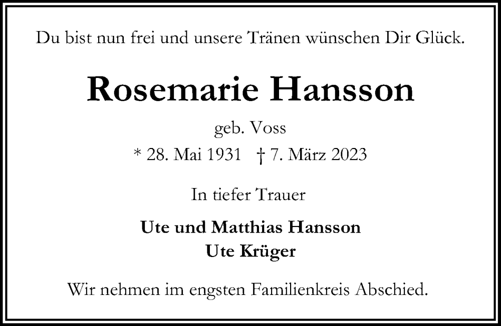  Traueranzeige für Rosemarie Hansson vom 12.03.2023 aus Lübecker Nachrichten