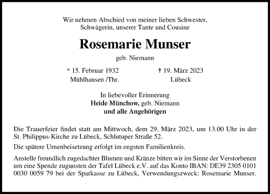 Traueranzeige von Rosemarie Munser von Lübecker Nachrichten