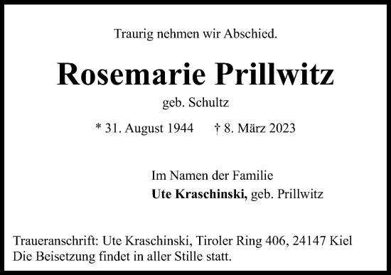 Traueranzeige von Rosemarie Prillwitz von Kieler Nachrichten