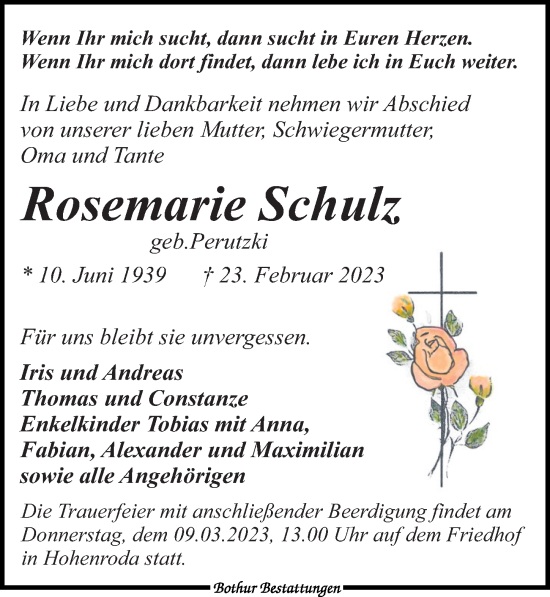 Traueranzeige von Rosemarie Schulz von Leipziger Volkszeitung