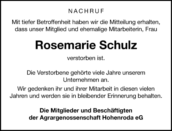 Traueranzeige von Rosemarie Schulz von Leipziger Volkszeitung