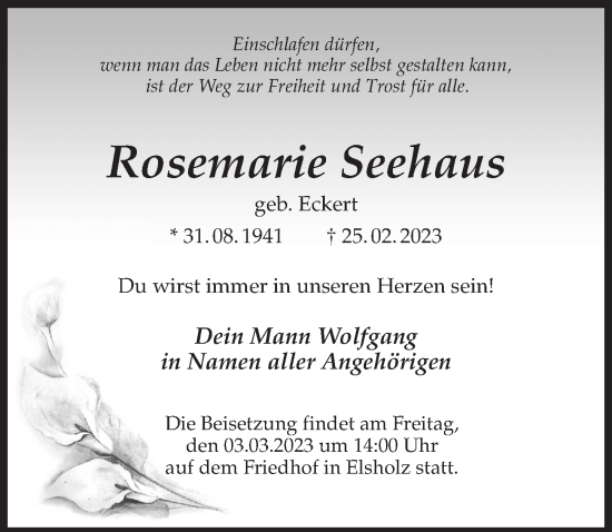 Traueranzeige von Rosemarie Seehaus von Märkischen Allgemeine Zeitung