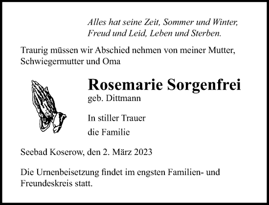 Traueranzeige von Rosemarie Sorgenfrei von Ostsee-Zeitung GmbH