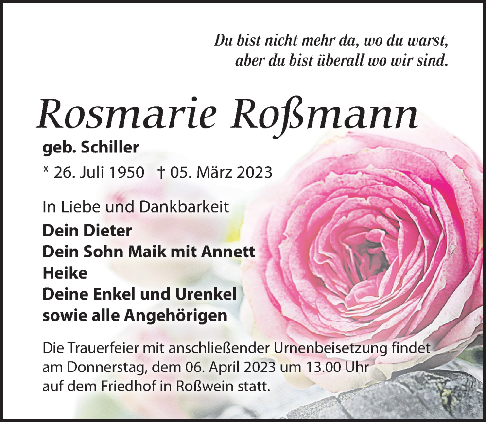  Traueranzeige für Rosmarie Roßmann vom 25.03.2023 aus Leipziger Volkszeitung