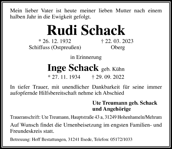 Traueranzeige von Rudi Schack von Peiner Allgemeine Zeitung