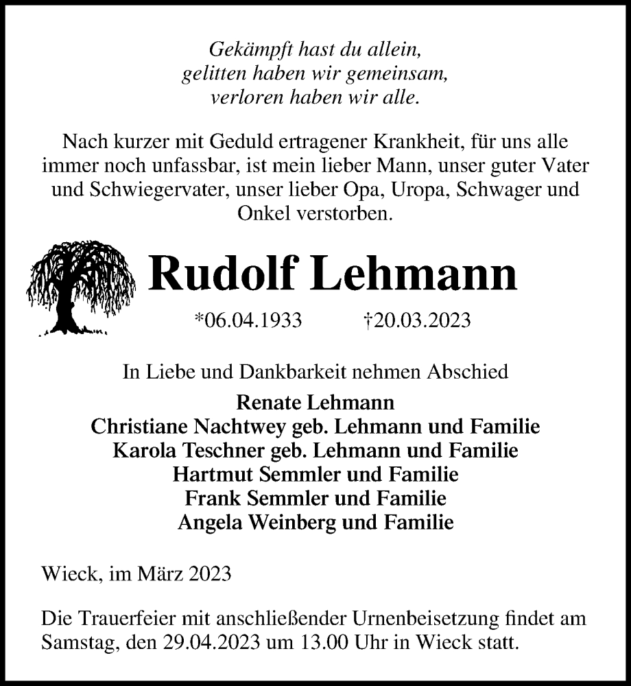  Traueranzeige für Rudolf Lehmann vom 25.03.2023 aus Ostsee-Zeitung GmbH