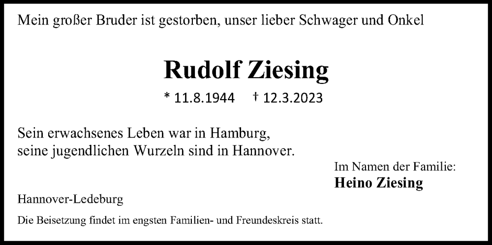  Traueranzeige für Rudolf Ziesing vom 18.03.2023 aus Hannoversche Allgemeine Zeitung/Neue Presse