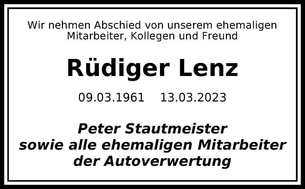  Traueranzeige für Rüdiger Lenz vom 18.03.2023 aus Peiner Allgemeine Zeitung