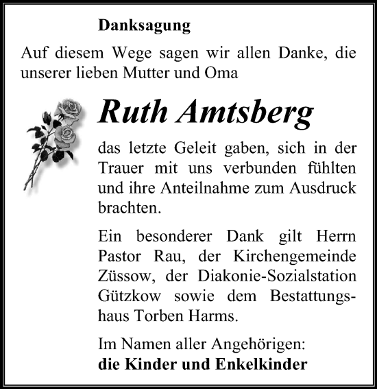 Traueranzeige von Ruth Amtsberg von Ostsee-Zeitung GmbH