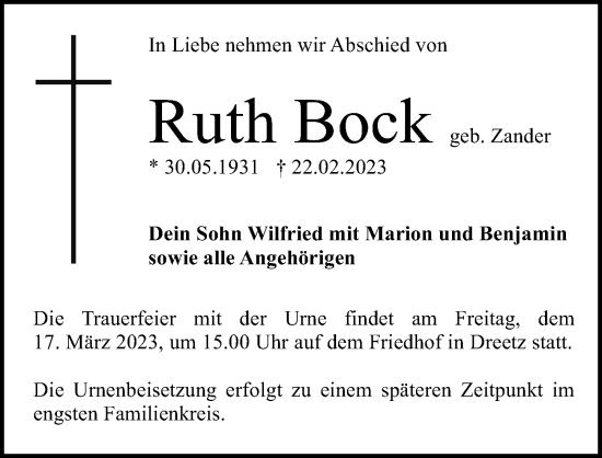 Traueranzeige von Ruth Bock von Märkischen Allgemeine Zeitung