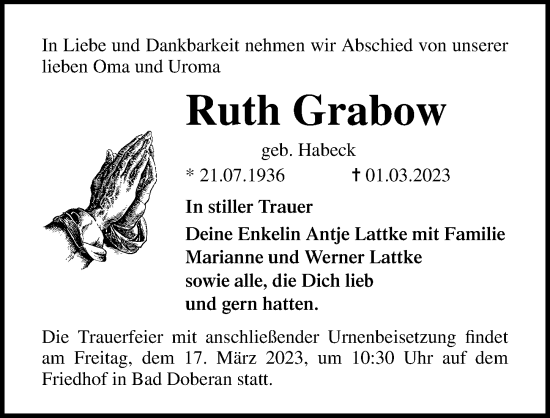Traueranzeige von Ruth Grabow von Ostsee-Zeitung GmbH