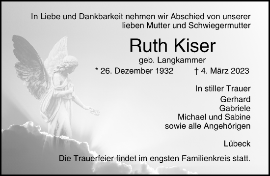 Traueranzeige von Ruth Kiser von Lübecker Nachrichten