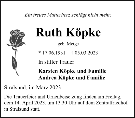 Traueranzeige von Ruth Köpke von Ostsee-Zeitung GmbH