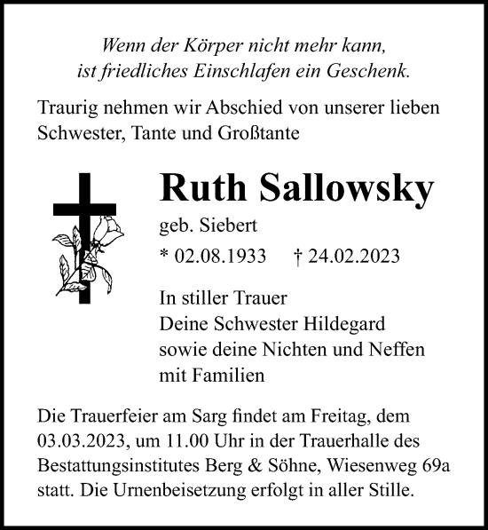 Traueranzeige von Ruth Sallowsky von Ostsee-Zeitung GmbH
