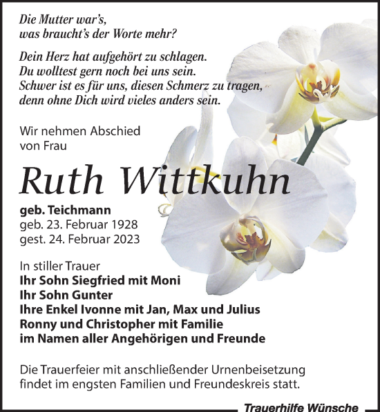 Traueranzeige von Ruth Wittkuhn von Leipziger Volkszeitung