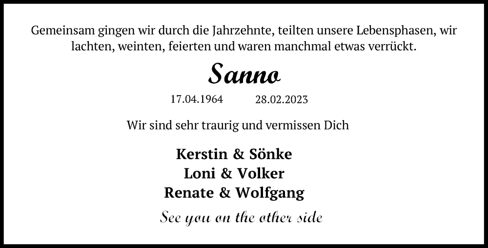 Traueranzeige für Sanno  vom 11.03.2023 aus Kieler Nachrichten