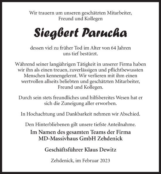 Traueranzeige von Siegbert Parucha von Märkischen Allgemeine Zeitung