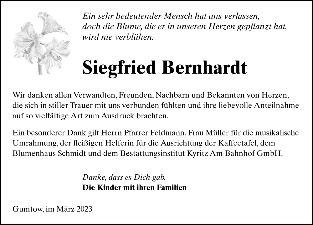  Traueranzeige für Siegfried Bernhardt vom 25.03.2023 aus Märkischen Allgemeine Zeitung