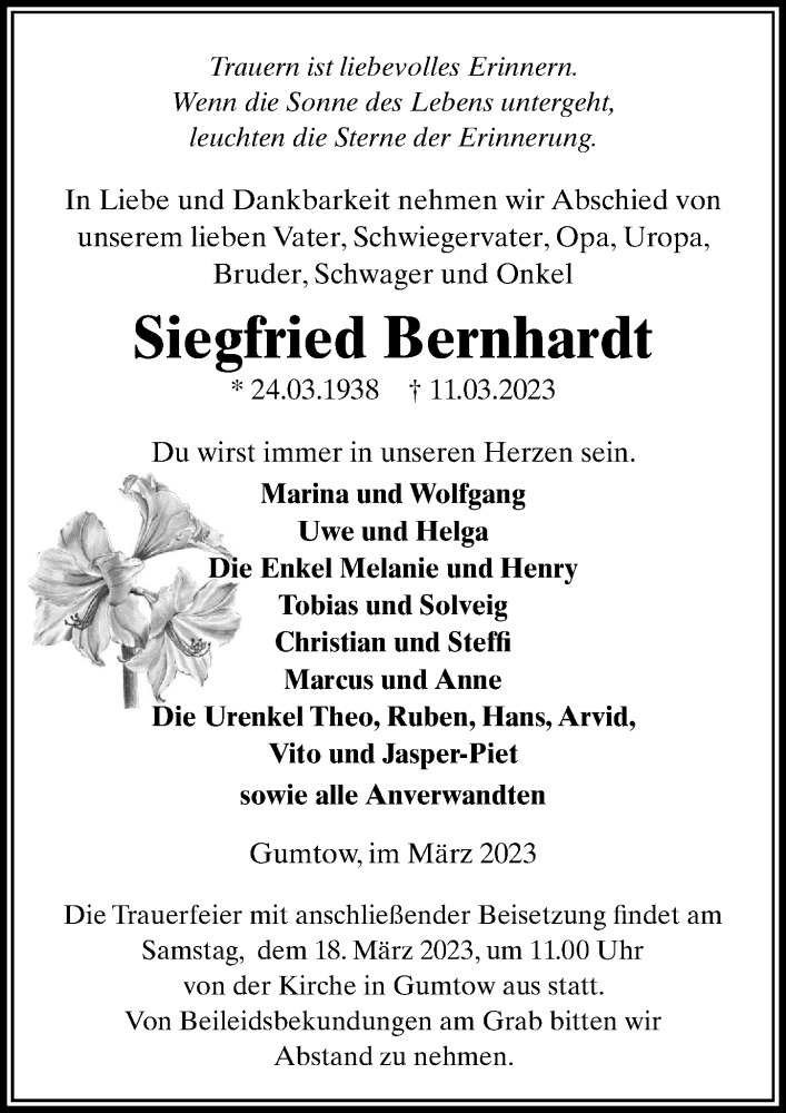  Traueranzeige für Siegfried Bernhardt vom 16.03.2023 aus Märkischen Allgemeine Zeitung