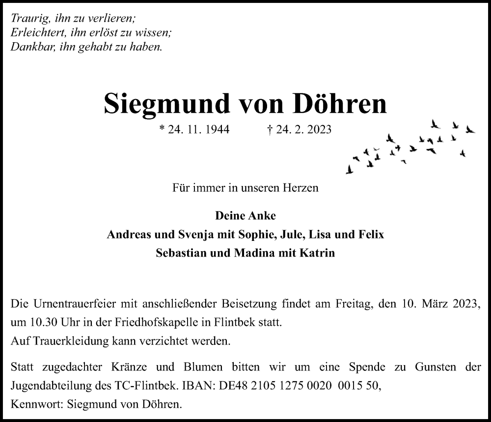  Traueranzeige für Siegmund von Döhren vom 04.03.2023 aus Kieler Nachrichten
