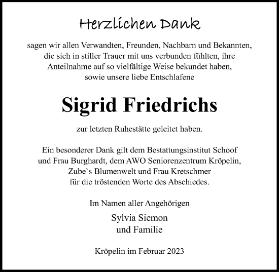 Traueranzeige von Sigrid Friedrichs von Ostsee-Zeitung GmbH