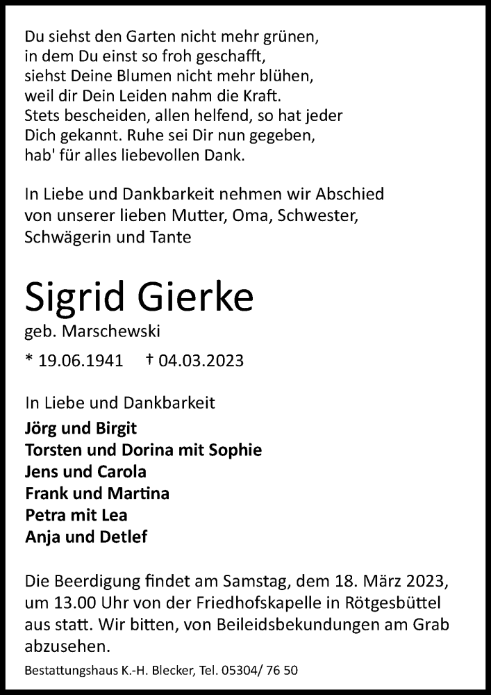  Traueranzeige für Sigrid Gierke vom 11.03.2023 aus Aller Zeitung