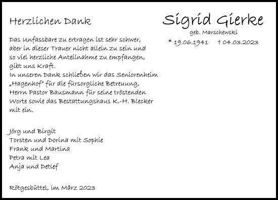Traueranzeige von Sigrid Gierke von Aller Zeitung