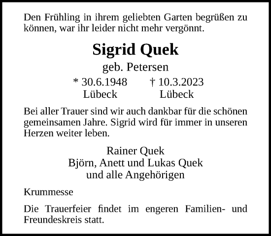 Traueranzeige von Sigrid Quek von Lübecker Nachrichten